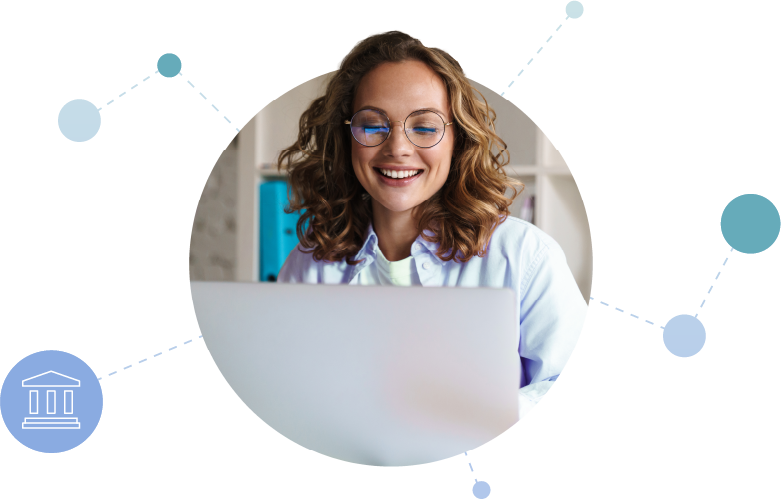 Librarian on laptop with connecting lines and dots and library icon