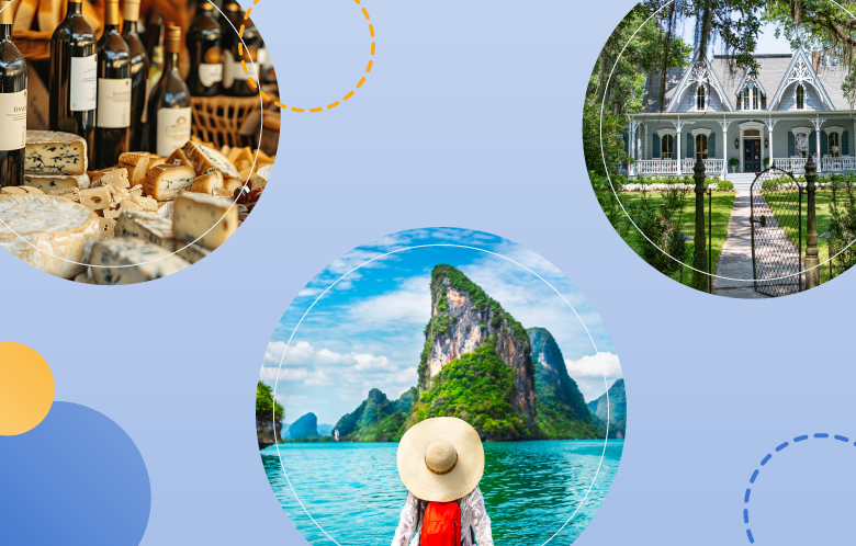 circles images of wine and cheese, a traveler, and an old Southern home