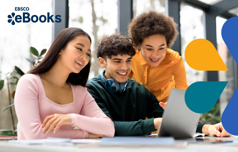 EBSCO eBooks logo. Students gathered together around a laptop, smiling and looking joyful