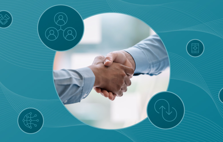 Photo of handshake surrounded by medical partnership icons