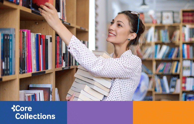 A librarian reaching for books on a shelf