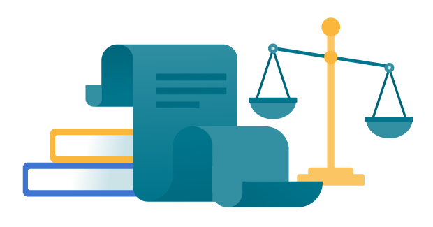 illustration of scroll, books and scales of justice