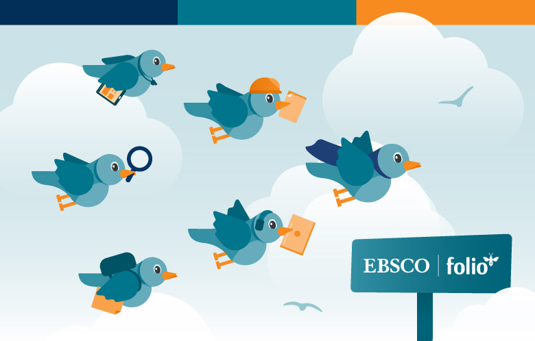 Illustration of six birds flying in sync. Each bird in costume to represent members of FOLIO Migration team. EBSCO FOLIO logo on a billboard in the corner of the image