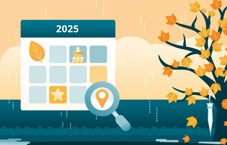 Illustration of a 2025 Autumn calendar with a location pin in a magnifying glass, surrounded by a tree with fall foliage and rain