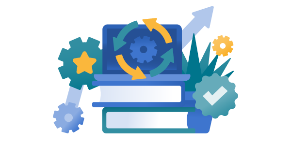 Illustration of a laptop on books. Symbols of gears, upward arrows, a checkmark and star representing efficiency and effectiveness