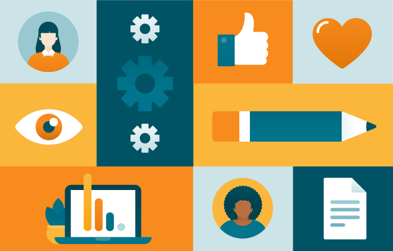 gears, pencil, paper, and user icons
