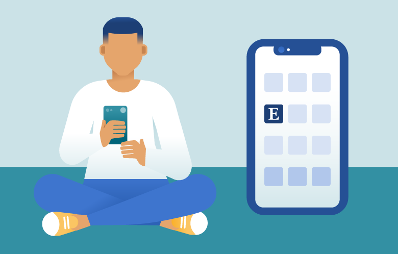 Illustration of a person sitting on the ground holding a mobile phone with a giant mobile phone behind him with EBSCO logo and search bar