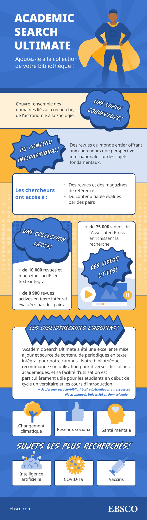 A French superhero-themed infographic about Academic Search Ultimate database from EBSCO