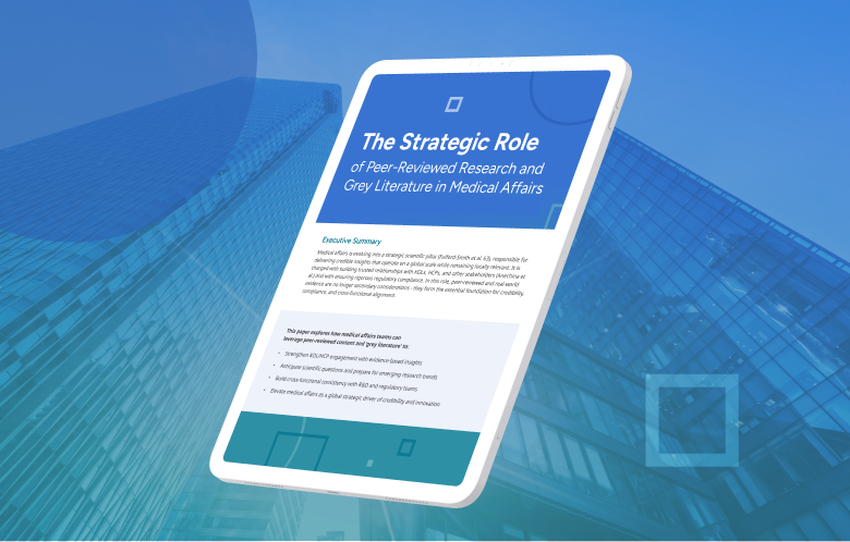 The Strategic Role
of Peer-Reviewed Research and
Grey Literature in Medical Affairs white paper cover on a tablet