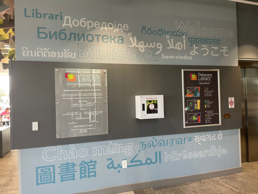 The wall at the Delaware County District Library featuring the words "hello" and "welcome" in various languages.