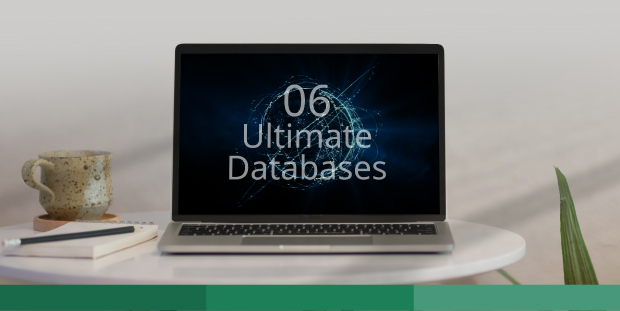 Screenshot of 06 Ultimate Databases video in laptop sitting on desk with mug, notebook and plant