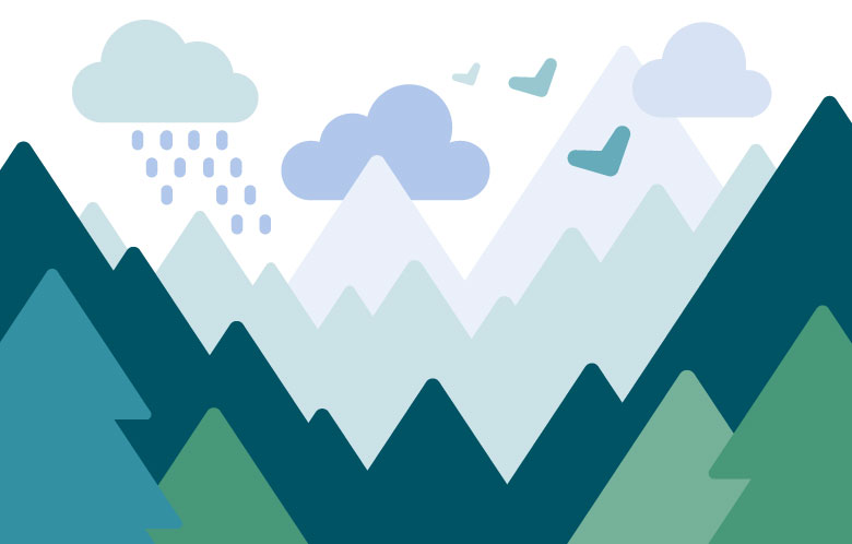 Illustration of mountains, trees, clouds, and birds
