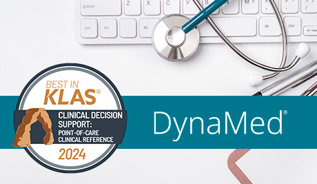 Best in KLAS 2024 logo and DynaMed with image of stethoscope, keyboard and clipboard