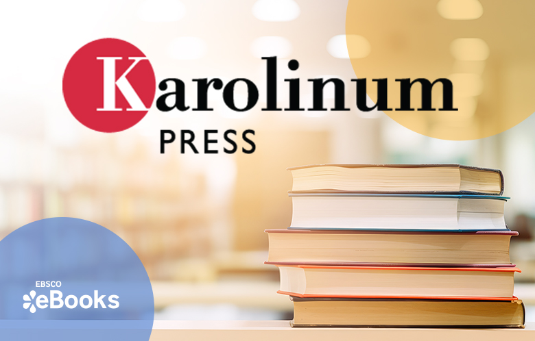 Pile of books on a table with library in the background, Karolinum logo, and e-books logo 