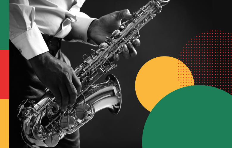 A black and white photo of an African-American man playing the saxophone with colored circles around the photo 