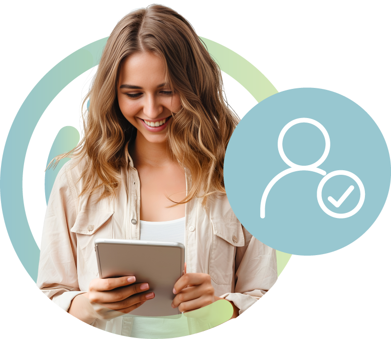 Woman holding a tablet with a circular pattern behind. Icon of a user persona