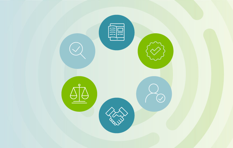 (ai at ebsco) Circular gradient background with icons representing search, users and partnerships