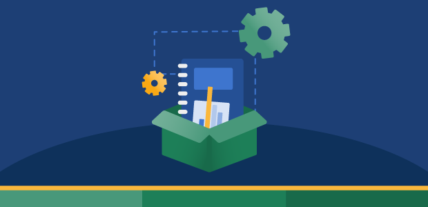 Illustration mit Büchern und Notizheftne in einer Schachtel mit Zahnrädern drum herum