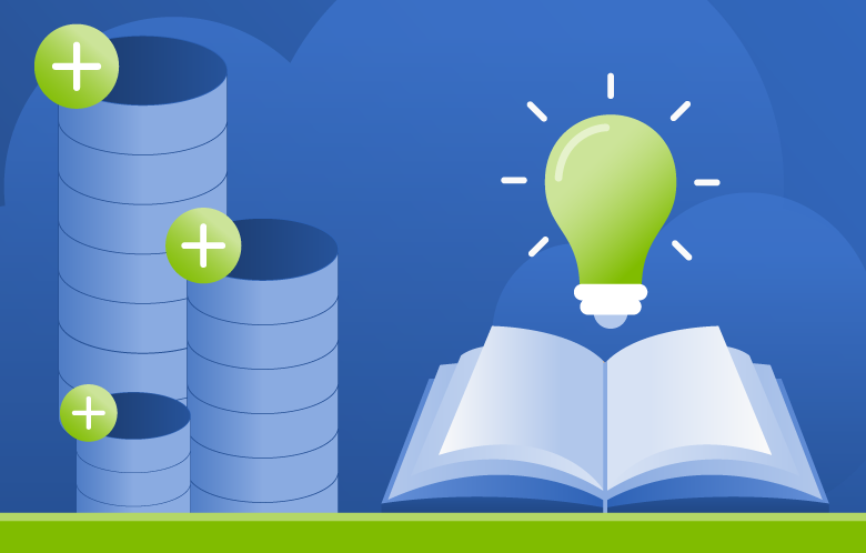 Illustration of stacked data and open book with lightbulb