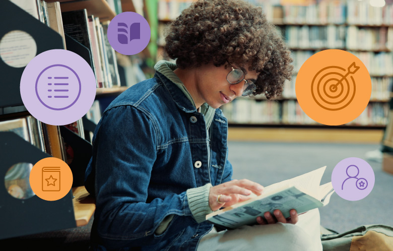 Young reader with a book with icons representing goals, lists, personalization and favorites around them