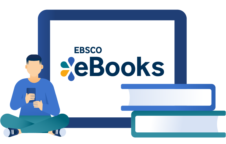 Student and books in front of EBSCO eBooks logo on tablet 