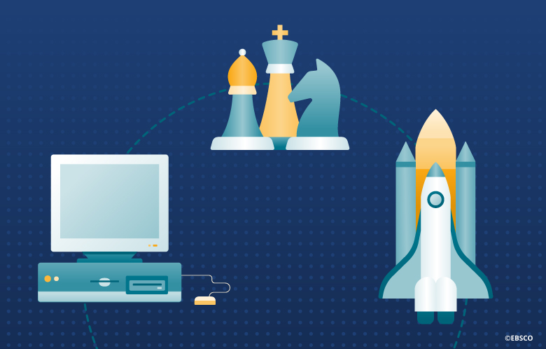 Illustration of an old computer, chess pieces, and a space shuttle