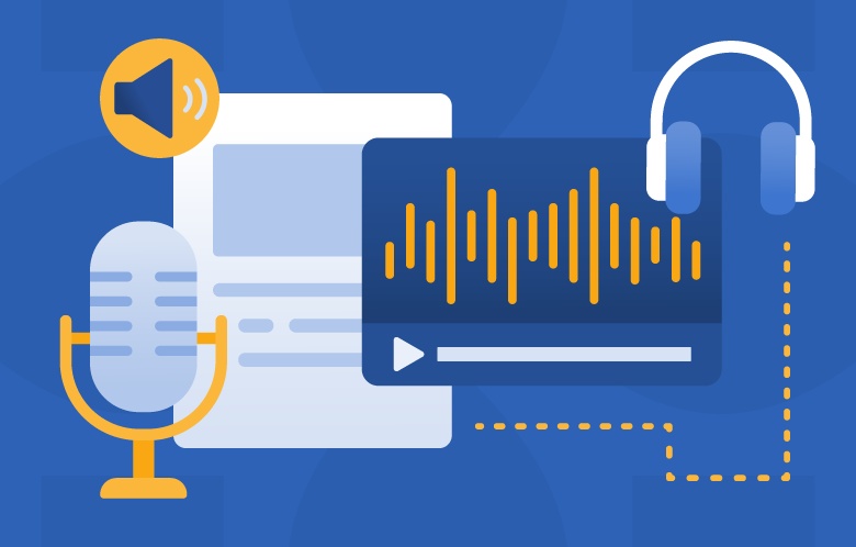 Illustrations representing text to speech such as a microphone, sound icon, sound waves, and headphones. 