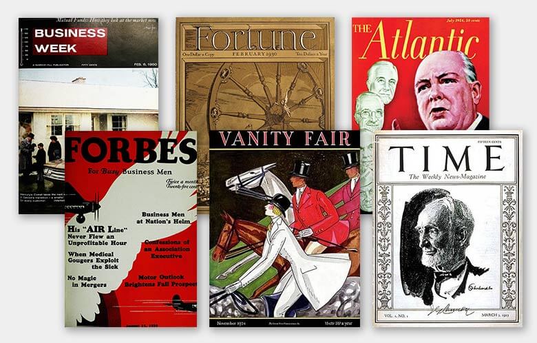 magazine archive covers of Business Week, Fortune, The Atlantic, Forbes, Vanity Fair, and Time