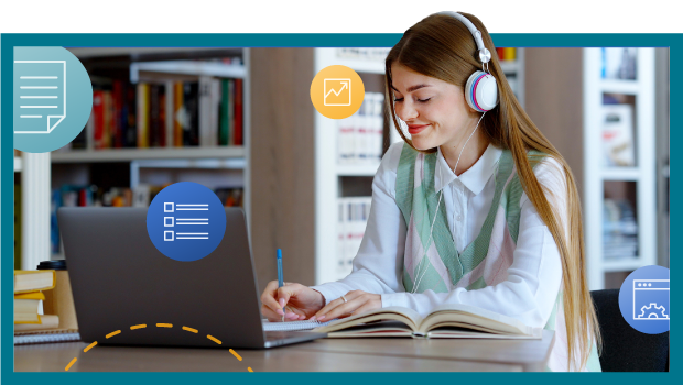 Foto einer jungen Frau, die Kopfhörer trägt, während sie mit einem Laptop in der Bibliothek recherchiert und von vier schwebenden Icons umgeben ist