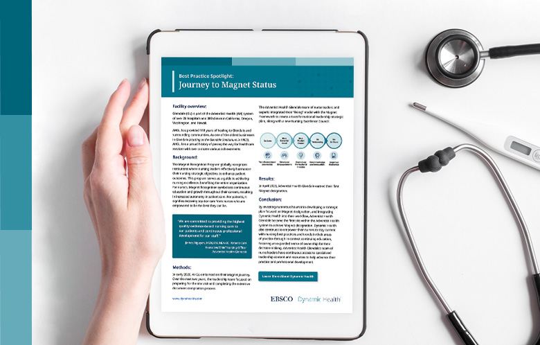 Journey to Magnet Status brief on a tablet with a stethoscope beside it