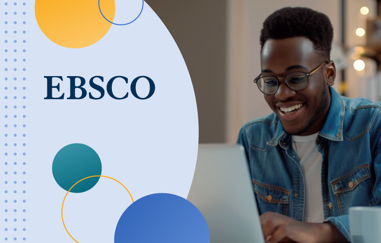 male researcher on laptop with EBSCO logo and circle pattern