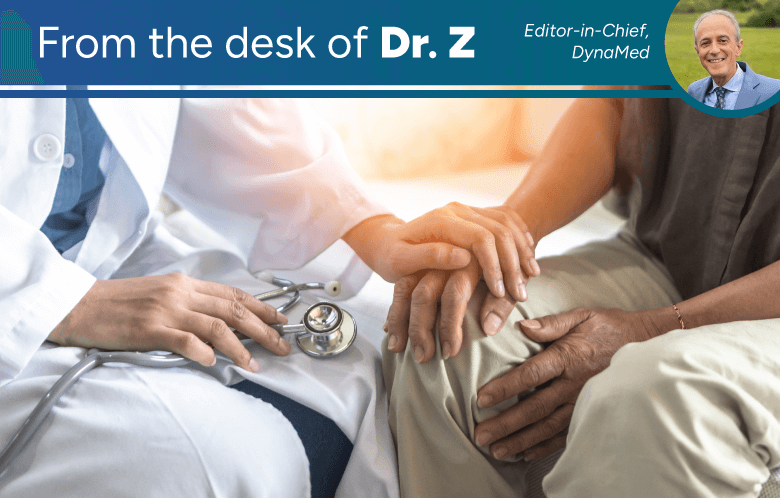 From the desk of Dr. Z series: close-up of a doctor's hands on the patient's hands, comforting him
