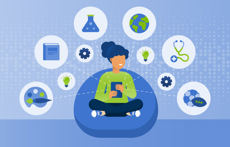 Illustration of a young girl sitting on a bean bag browsing on a tablet. Bubbles of icons of academic subjects surround the girl