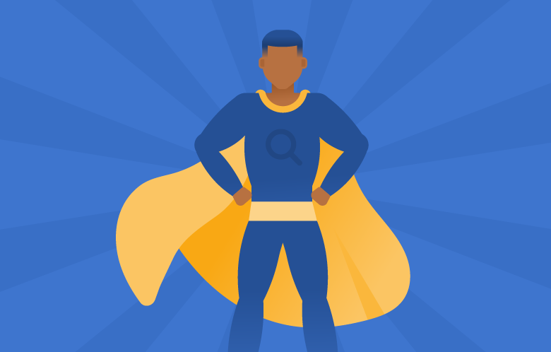 An illustration of a superhero librarian wearing a blue suit and a yellow cape