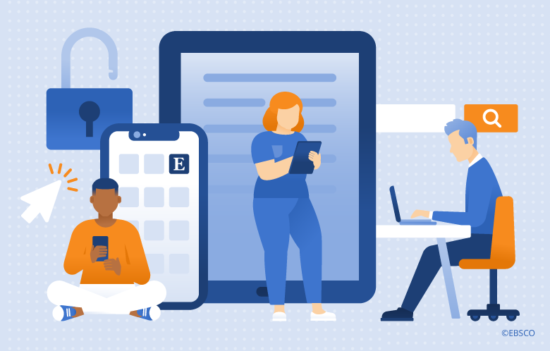 illustration of people reading ebooks on a phone, tablet, and laptop