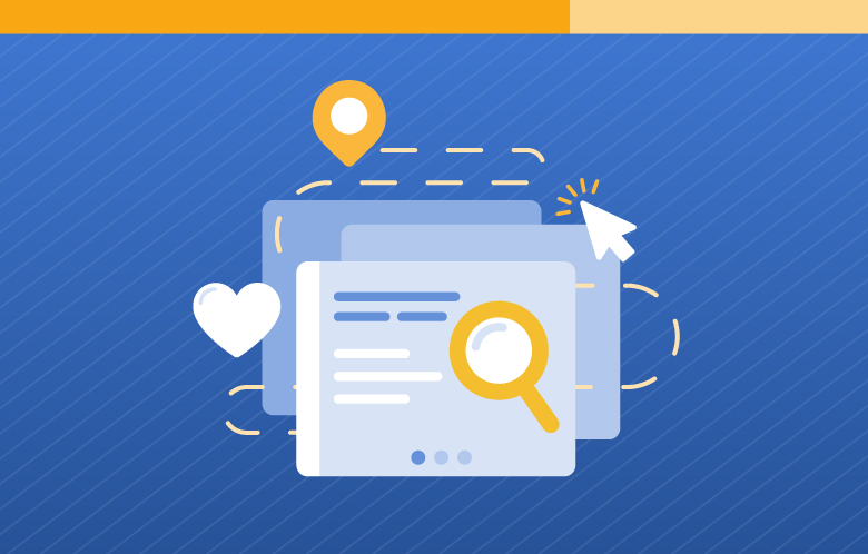 Illustration of web pages and magnifying glass icon, heart icon, cursor icon and location icon