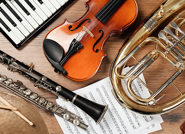 musical instruments on a desk