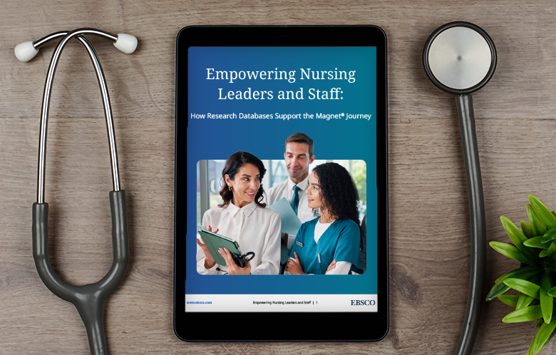 Empowering Nursing Leaders and Staff white paper on a tablet beside stethoscope