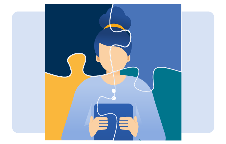 4 puzzle pieces with part of an image of a girl reading an ebook on it