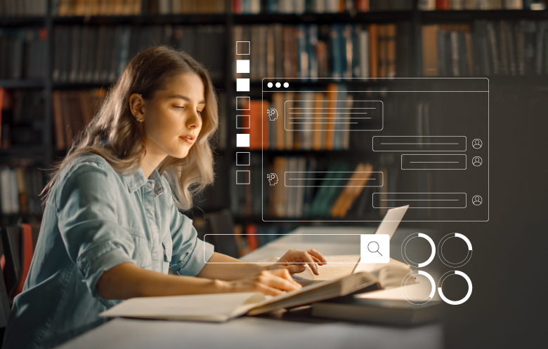Girl studying in library with AI icons around her