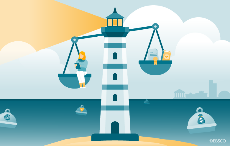Illustration of a combination of legal scales and lighthouse shining its light with water and buoys in the background.