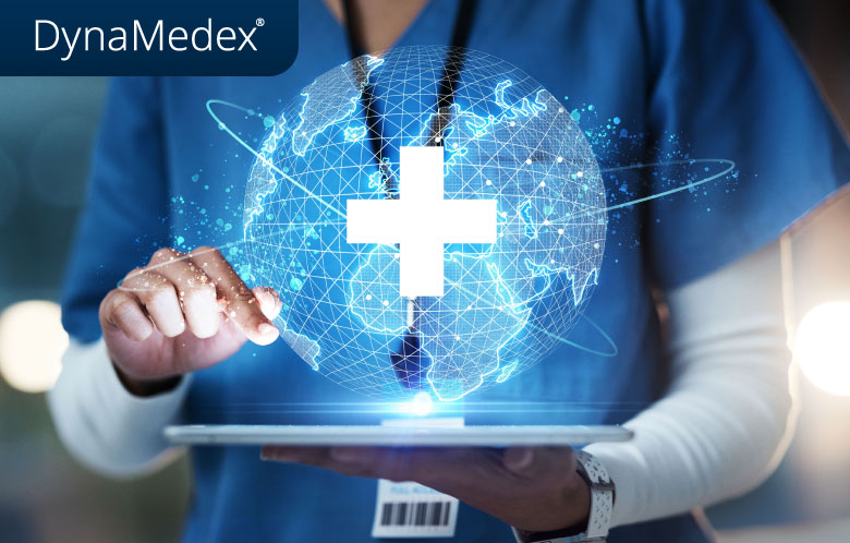 (DynaMedex logo) Nurse holding a tablet with a hologram of a globe and medical cross above it. Tech patterns swirling around it