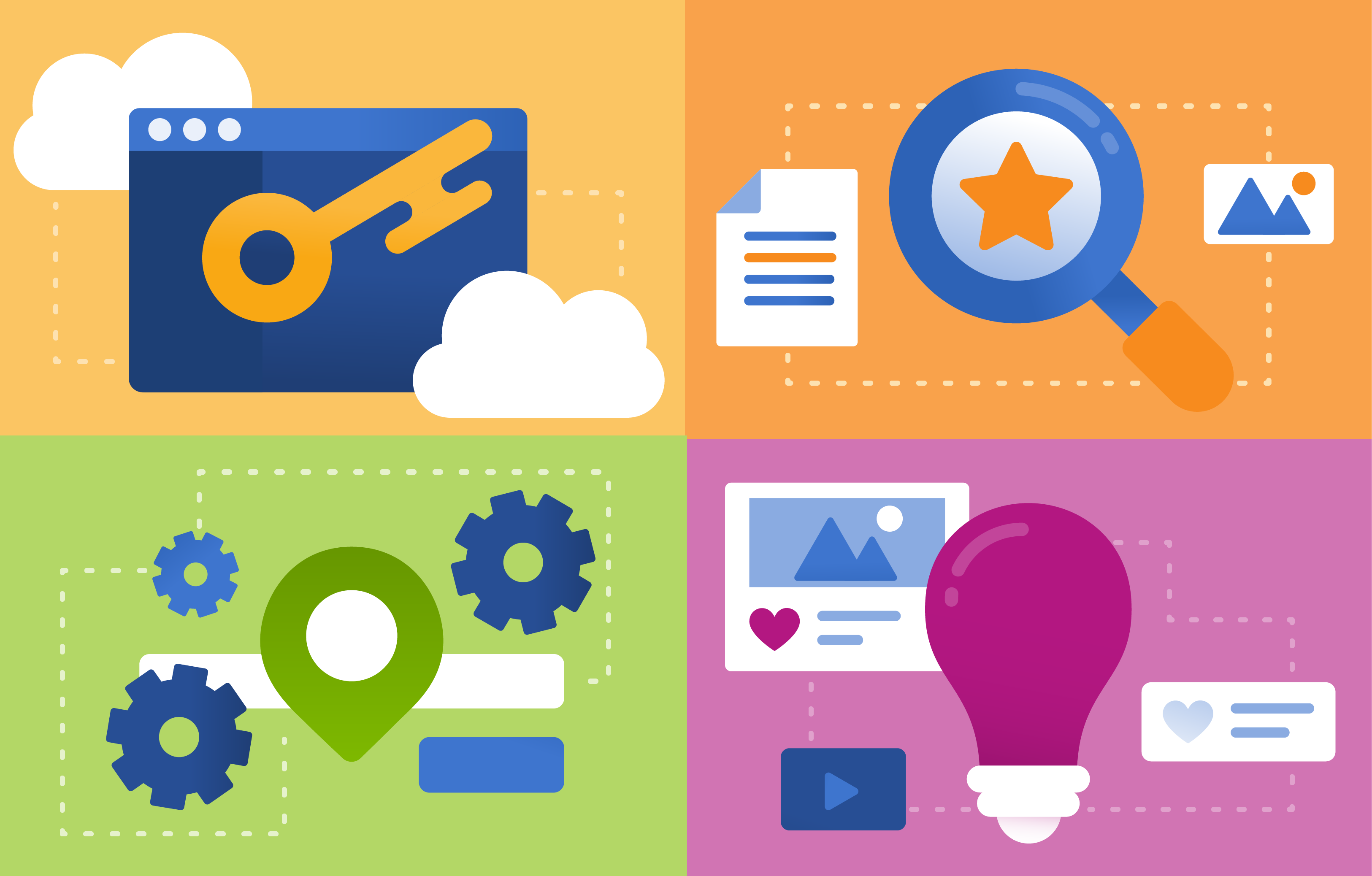 Illustration quadrant describing four different aspects of the Saas user journey. The illustrations represent access, search, choose and use.