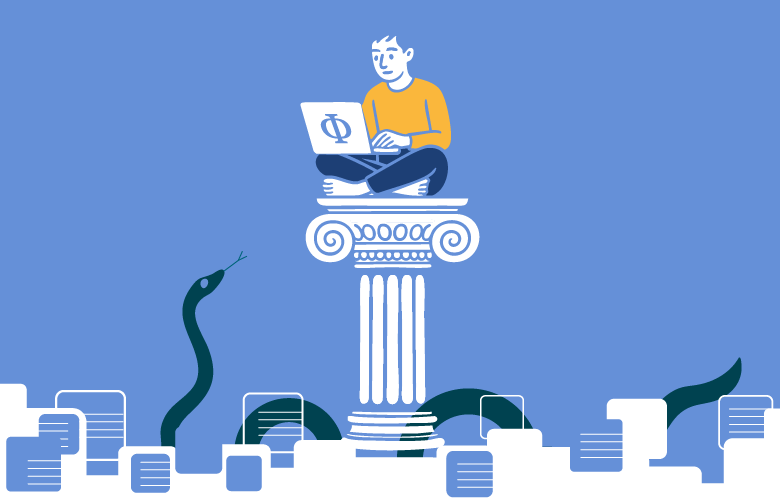 image of a person on a laptop sitting on a column with a snake below them