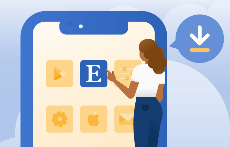 Illustration of person downloading the EBSCO app in oversized device with download icon