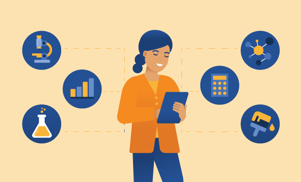 illustration girl on ipad with icons representing different academic subjects around her