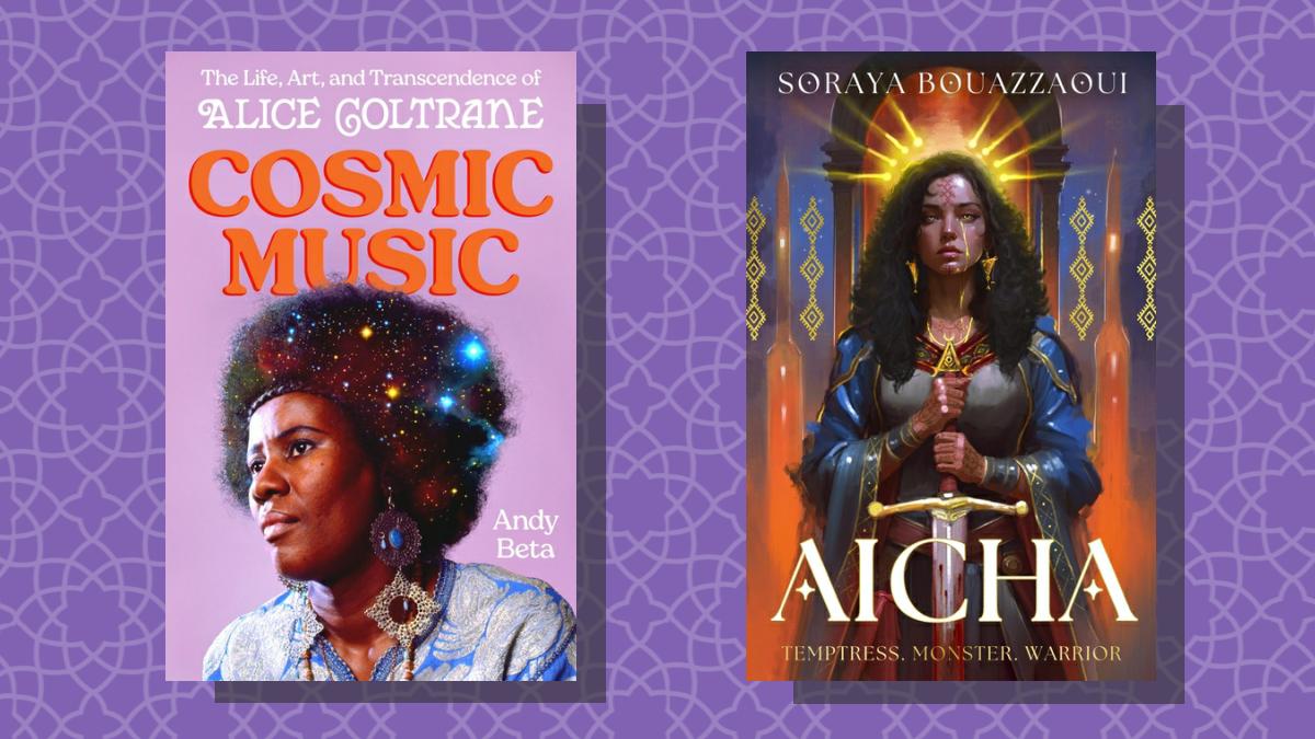 Two book covers: Cosmic Music: The Life, Art, And Transcendence of Alice Coltrane by Andy Beta and Aicha by Soraya Bouazzaoui 