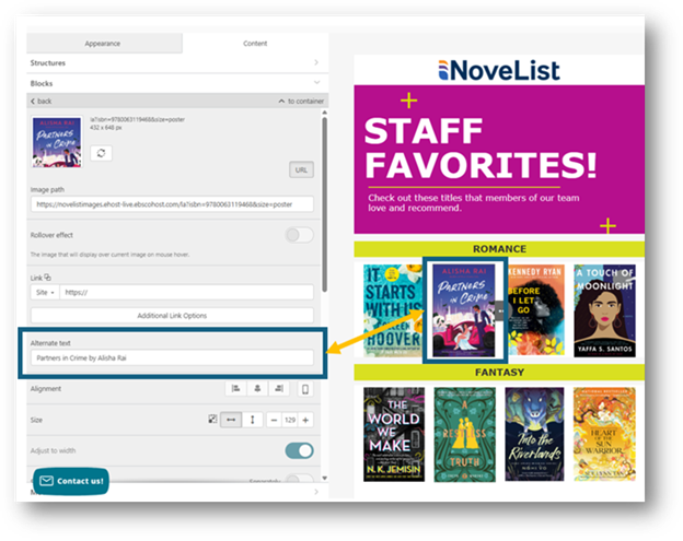 Screenshot showing where to add alt text to images in email