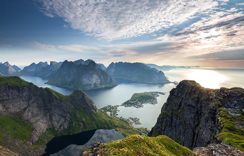landscape of water and mountains in Reinebringen, Norway