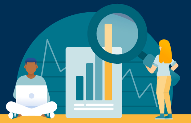 Illustration of a man sitting on the floor with the laptop, large graphs & charts around him, and a woman holding an oversize magnifying glass